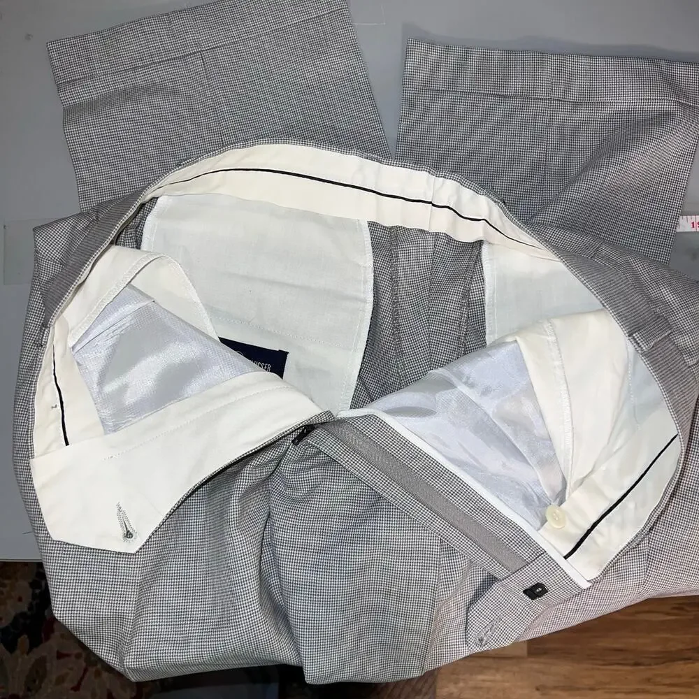 Alan Flusser men 32 micro houndstooth pleated wool linen cuffed dress pants flaw